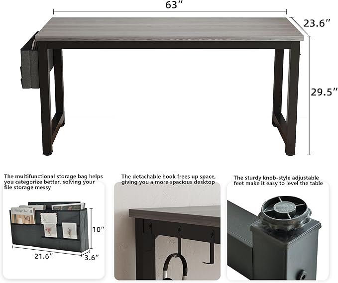 Large Computer Desk - 63 Inch Home Office Desks Study Student Writing Table Gaming Desk Wood Modern Simple Table with Storage Bag &amp Headphone Hooks Grey
