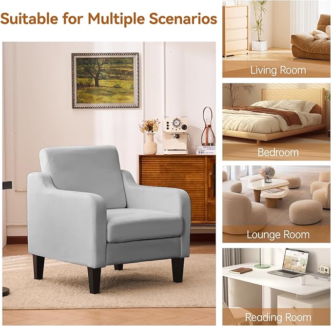 Accent Chair for Living Room Modern Velvet Living Room Chairs with Wide Backrest Upholstered Comfy Chair with Cushion Oversized Sofa Chair with Wood Legs Single Armchair Grey