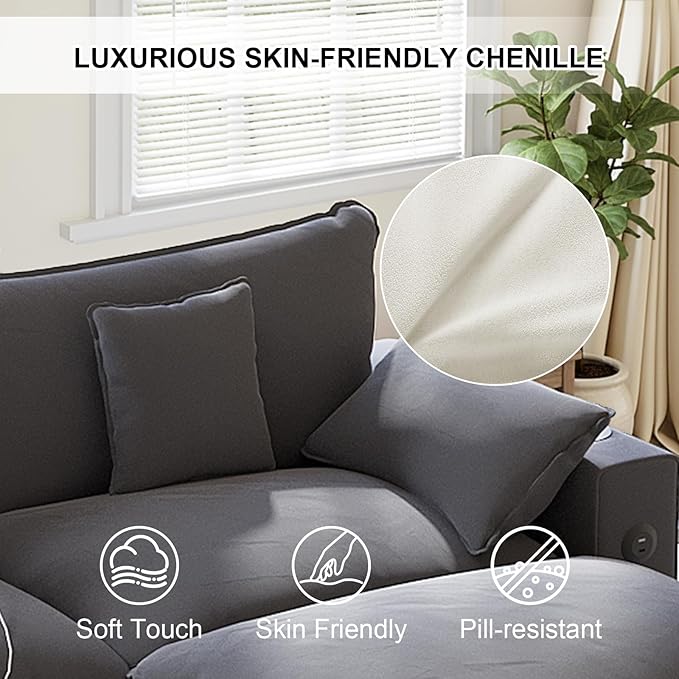 80.7 Modular Sectional Couch L Shaped Cloud Sofa with Movable Ottoman Chenille Deep Seat Cloud Couch with Charging Station Cup Holder Side Pocket Sectional Couches for Living Room Grey