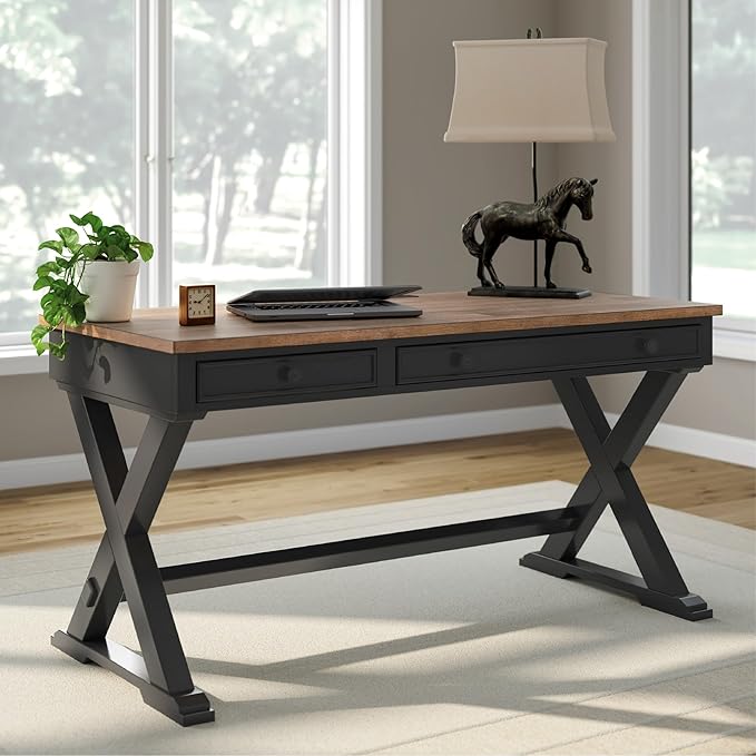 Signature Design by Ashley Wildenauer Farmhouse 1-Drawer 60 Home Office Desk with Keyboard Tray Cord Management and Trestle Base Dark Brown &amp Black