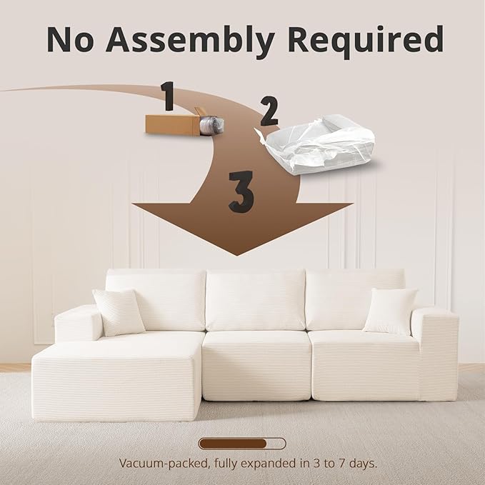 108 L-Shaped Boneless Couch High Seat Modular Sectional Sofa with Moveable Ottoman Corduroy Cloud Couches for Living Room No Assembly Ship in a Box White