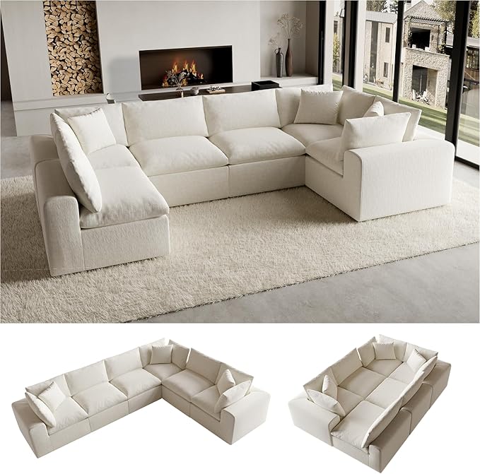 130 Oversized Boneless Cloud Couch Modular Sectional Couches for Living Room U-Shaped with Deep Seats No Assembly Required 6-Seater Washable Fabric Sleeper Sofa White