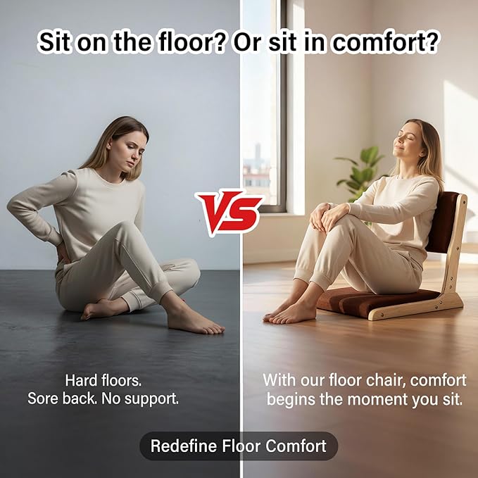 Tiita Foldable Tatami Chair Japanese Floor Chair Wood Legless Back Rest Chairs with Cushion Accent Meditation Floor Chairs Bay Window Wood Brown