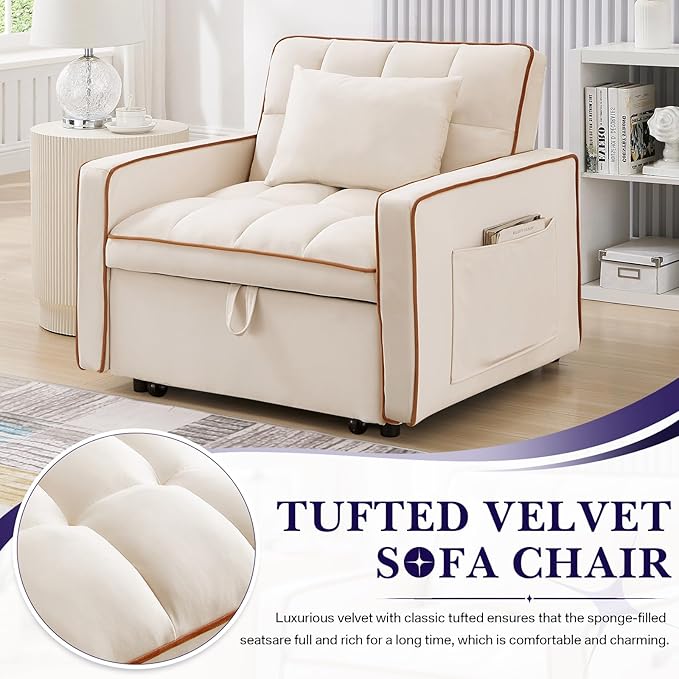 Convertible Sleeper Chair Bed 3 in 1 Modern Velvet Pull Out Sofa Bed Small Tufted Single Sleeper Chair with Adjustable Backrest/Pillow for Living Room Small Spaces Apartment Office Beige
