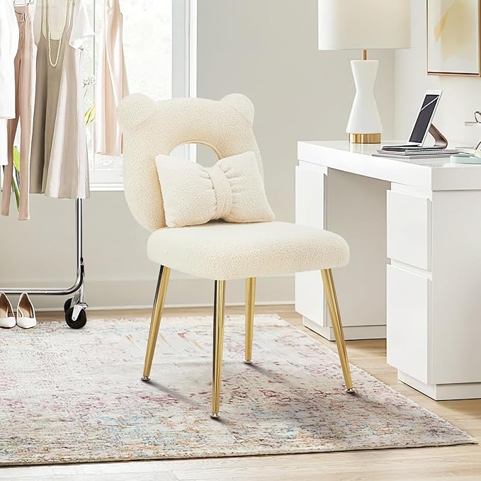 Furniliving Armless Upholstered Chair for Makeup Vanity Cute Sherpa Accent Chair for Living Room Bedroom Dressing Room Vanity Stool Chair with Back Gold Legs IvoryWhite