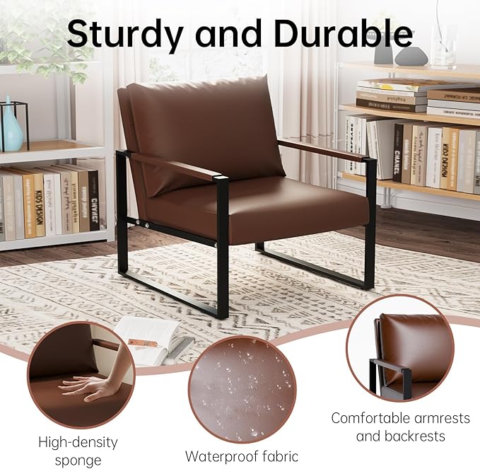 Recaceik Modern Accent Chair Set of 2 Arm Chairs Faux PU Leather Single Large Upholstered Sofa ChairErgonomic Lounge Living Room Chair for Bedroom Waiting Room Office Apartment Small SpaceBrown