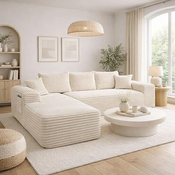 Compressed Modular Sectional Sofa L Shaped Flexible Cloud Boneless Couch for Living Room 3 Seat Upholstered Sofa with Chaise Lounge Deep Seat No Assembly Required Cream White