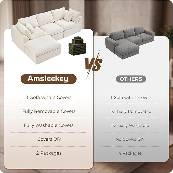 108 Cloud Sectional Couches with 1 Extra Washable Cover L Shaped 25.6 Deep Seat Couch with Ottoman Oversized Comfy Living Room Sofa DIY Color Refresh (White Sofa + Gray Cover Set)