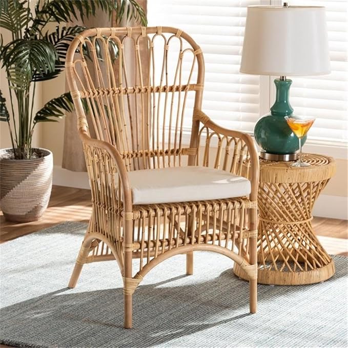BOWERY HILL Modern Rattan Fabric Armchair 39.5 H x 24 W x 22 D Natural Beige Finish Foam-Padded Removable Cushion Spindle Design Handmade Accent Chair for Living Room or Bedroom