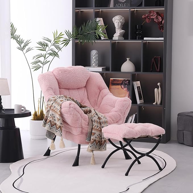 Lazy Chair with Folding Ottoman Modern Accent Lounge Armchair with Armrests and a Side Pocket &amp Foldable Footstool Leisure Reading Chair for Living Room Bedroom Dorm &amp Office Plush Pink