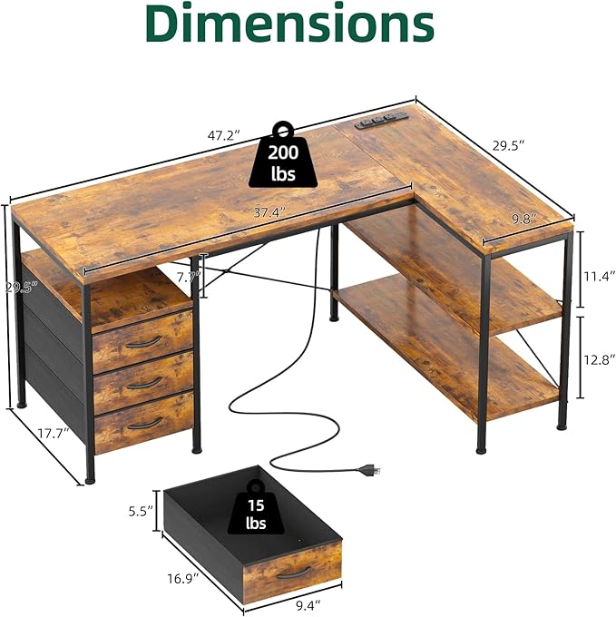 MUTUN L Shaped Computer Desk with 3 Drawers &amp Power Outlets 47 Inch Corner Desk with Reversible Storage Shelves PC Table for Home Office Bedroom (Rustic Brown 47 Inch)
