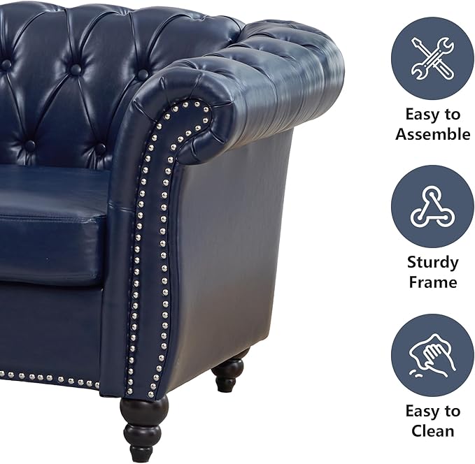 QHITTY Accent Large Sofa Chesterfield Couch 3 Seater Modern Leather Couch Upholstered Sofa with Tufted Back for Living Room Furniture (Blue)