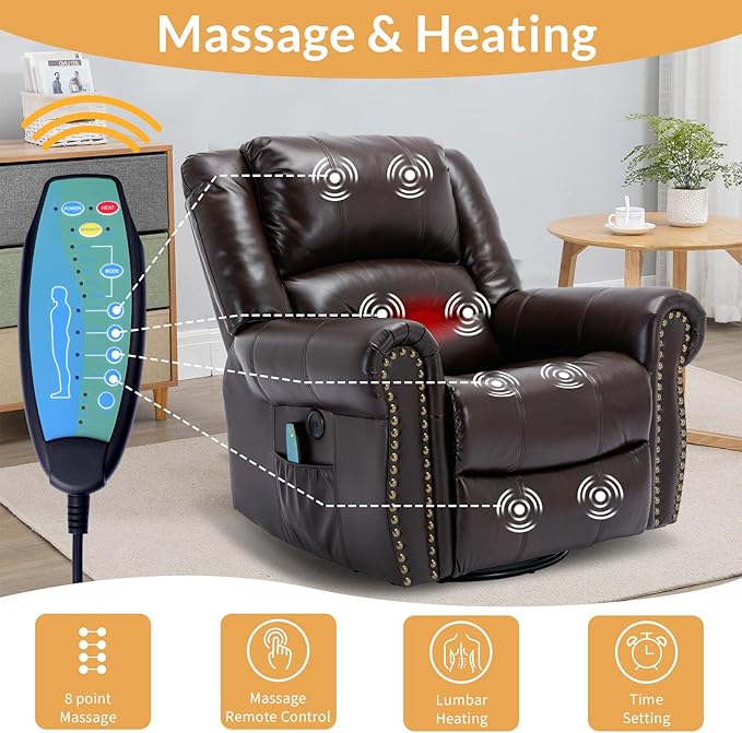 Manual Massage Recliner with Heating Function 360° Swivel Glider Rocking Recliner Chair for Living Room Ergonomic Single Sofa Chair with Remote Control/USB Ports/Side Pockets(Dark Brown)