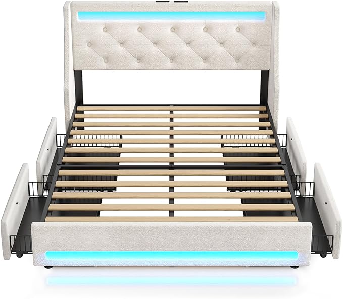 Rolanstar Full Bed Frame with LED Lights and Charging Station Upholstered Bed with Drawers Wooden Slats Noise Free Easy Assembly Beige