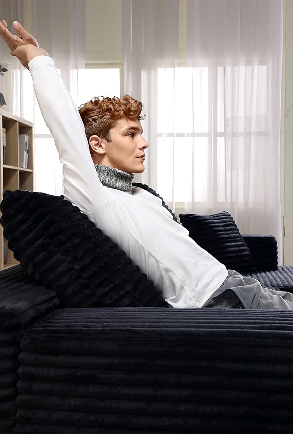 107 L-Shaped Cloud Couch with Pillows Modular Sectional Sofa with Chaise Comfy Corduroy 3-Seater Sofa with Deep-Seat for Living Room No Assembly Required (Black Left-Facing Chaise)