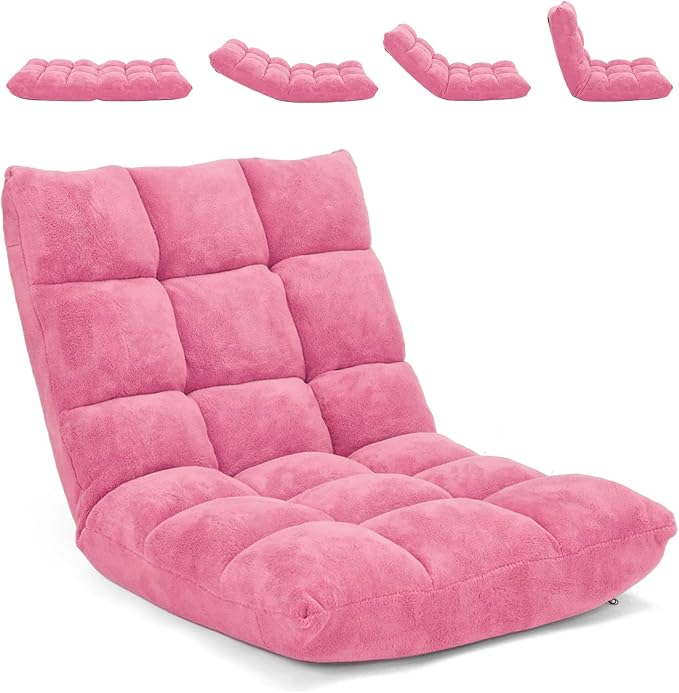 Moccha 14-Position Floor Chair Folding Sofa Chair with Back Support Memory Foam Floor Gaming Chairs for Adults Adjustable Padded Couch Recliner Sleeper Bed for Reading Meditating Pink