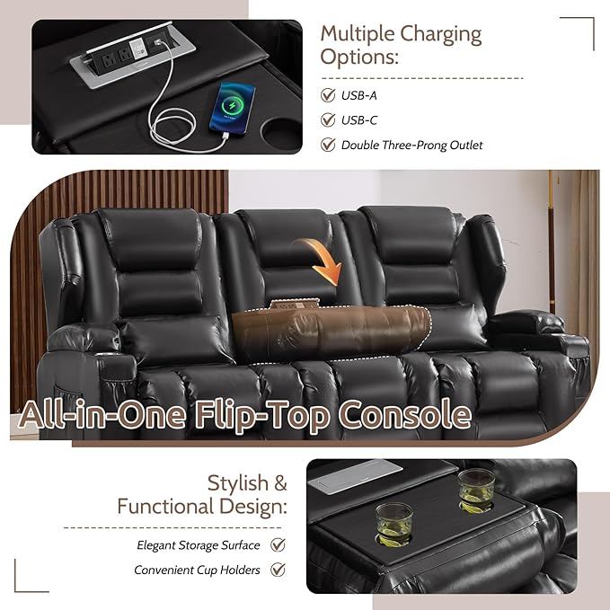 SAMERY Loveseat Recliner Sofa Power Reclining Loveseat Sofa Wall Hugger Recliners RV Couch with Flip-Backrest Solid Wood Top Ambient LED Lights USB-C Outlets Faux Leather Black | Extra Wide Se
