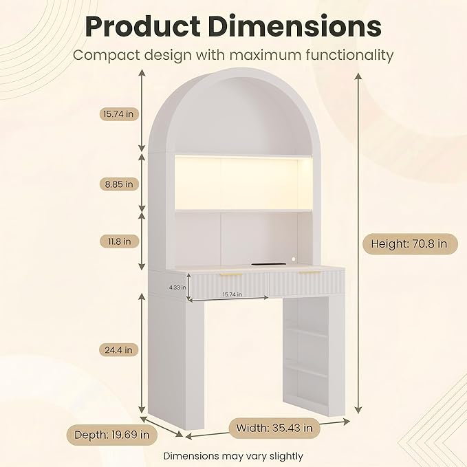Arched Desk for Home Office Computer Desk with 2 Drawers &amp Hutch Wood Writing Desk with Power Outlets 3 Color LED Lights Side Open Shelves Modern Fluted Design 35.4 W x 70.8 H (White)