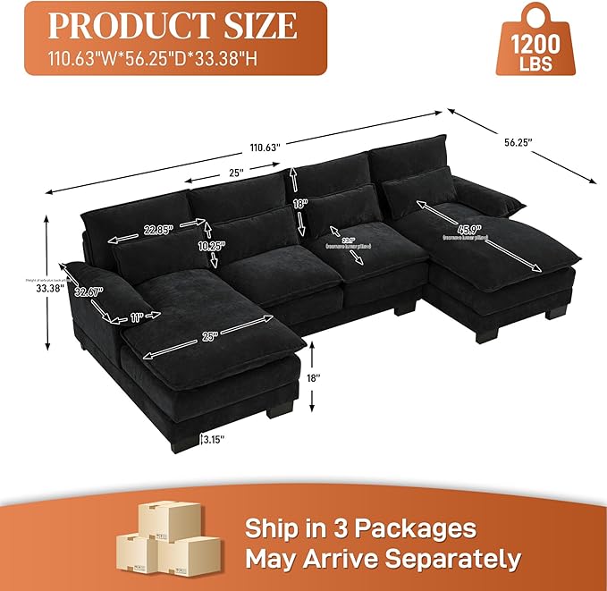 OUYESSIR U Shaped Sectional Couches for Living Room110 Cloud Sectional Sofa with Deep SeatModern Comfy Cloud Couch4 Seater Chenille Sofa with Double Chaise(Black)