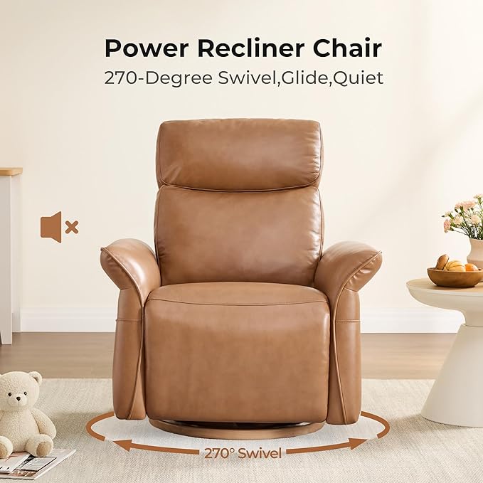 CHITA Genuine Leather Power Recliner Chair Electric Triple-Motor Swivel Glider Nursery Rocking Chair with Adjustable Power Headrest and Lumbar Support GREENGARD Gold Certified Saddle Brown