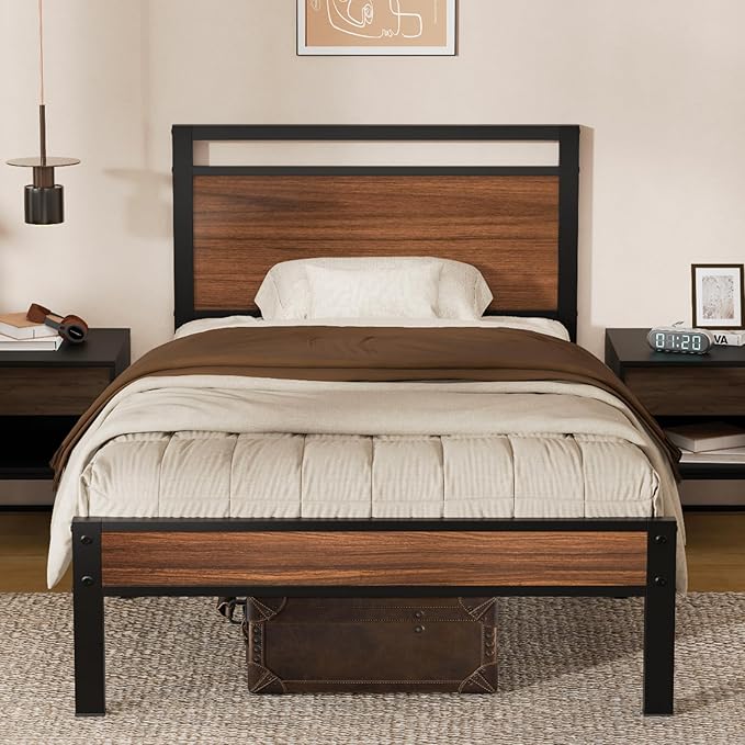 Z-hom Upgraded Twin Bed Frames Heavy Duty Metal Sturdy Bed Frame Twin Size with Modern Wood Headboard &amp Footboard Stable Platform Bed Furniture Bed Storage No Noise No Box SpringsWalnut