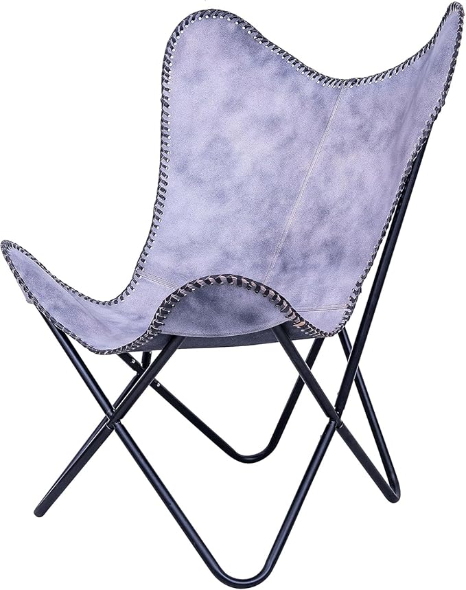 Shy Shy Let's Touch The Sky Leather Chair Living Room Chairs- Grey Leather Butterfly Arm Chair -Handmade with Powder Coated Folding Iron Frame (Vintage Cover with Frame) (Grey+Black)