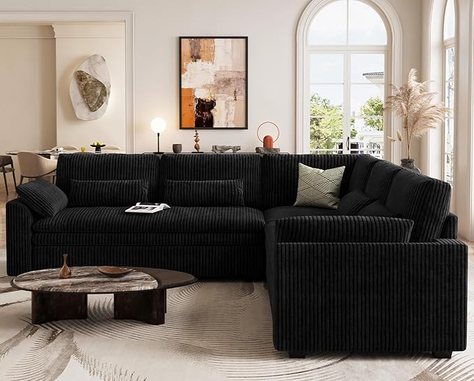 Belffin Large Modular Sectional Sofa with Double 61 Loveseat Corduroy Corner Couch with 9 Soft Dual-Layer Seats Cushion for Living Room Apartment Small Sapce Black