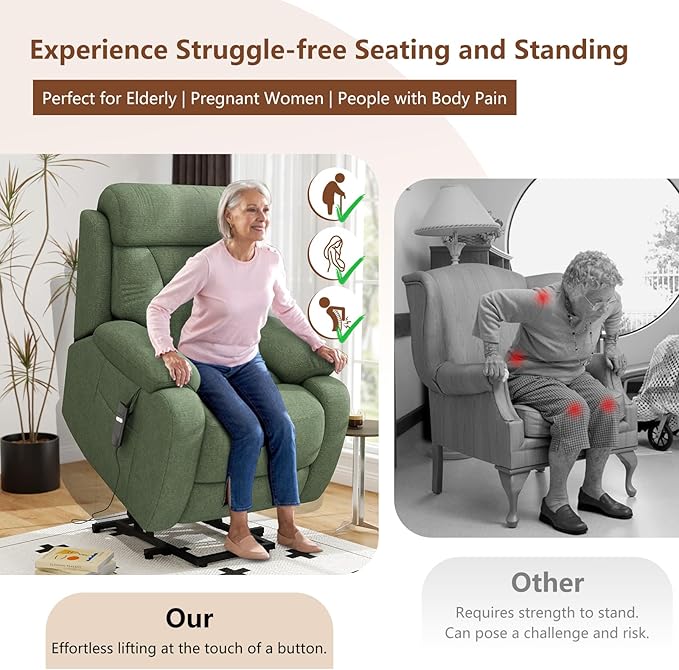 cinkehome Small Power Lift Recliner for Elderly Lift Chair Recliners Electric Recliner Chairs for Seniors Remote Control Adjustable Side Pocket (Green)
