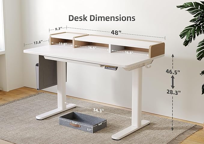 Claiks Standing Desk with Drawers &amp Power Outlet 48 Height Adjustable Computer Desk with USB C Port Sit Stand Home Office Desk with Monitor Stand Storage Shelves &amp Side Bag White