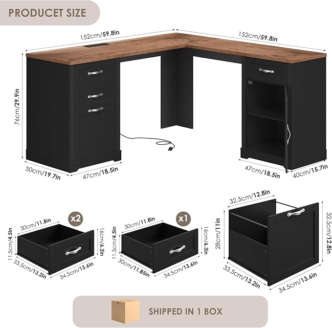 HIFIT Farmhouse Executive L Shaped Desk with Power Outlets 60 Corner Computer Desk with 3 Storage Drawers &amp 2 File Cabinets L Shaped Home Office Desk for StudyBlack