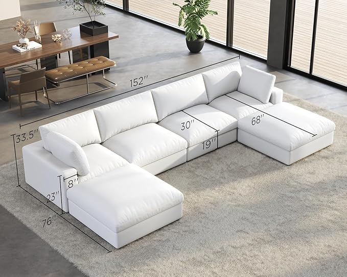 AMERLIFE 152 Inches Modular Sectional Sofa Feather Down Filled Sectional Sofa 6 Seats U Shaped Couch with Chaise Ottoman Cloud Couch for Living Room Apartment White Linen