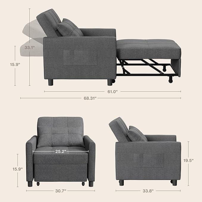 Aiho Sleeper Sofa Chair with Bed 3-in-1 Convertible Sofa Bed in Modern Linen Fabric for Apartment Living Room Study Dark Gray