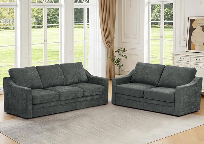 2 Pieces Chenille Sofa Set w/Soft Back Cushion &amp Curved Armrest Modern 2 Seat &amp 3 Seats Couch Set w/Deep Seat Space Upholstered Love Seat &amp Sofa w/High Density Foam for Living Room Grey