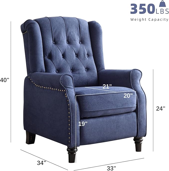 EBELLO 2 Pcs Push Back Recliner Chair Fabric Accent Chair Pushback Recliner with Rivet Decoration Button-Tufted Back Mid Century Wingback Armchair for Living Room Bedroom Blue