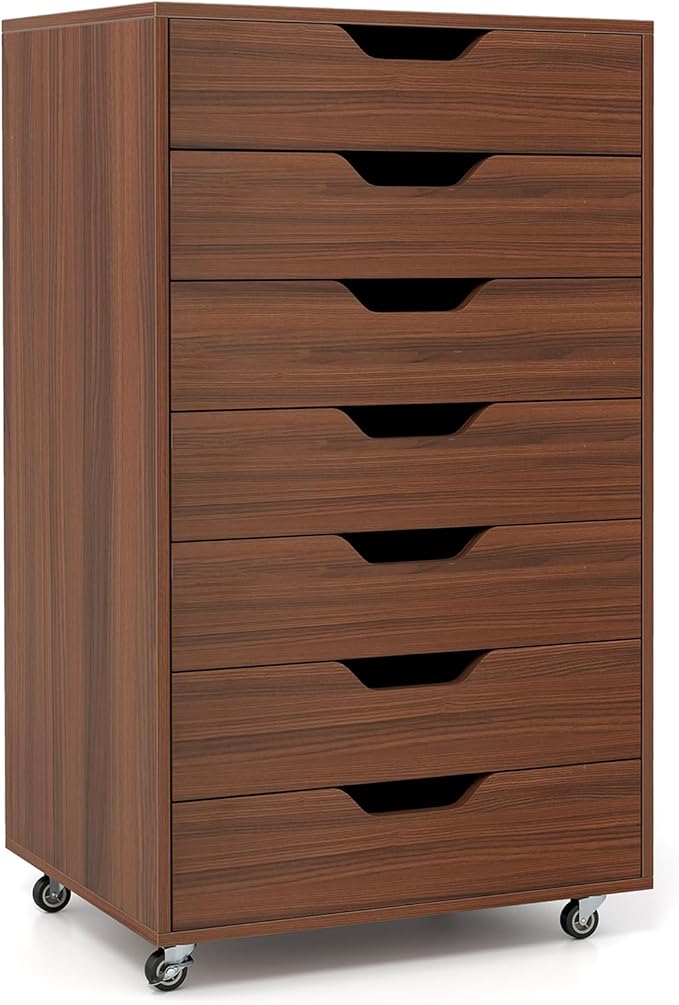 7 Drawer File Cabinet 34.5 Vertical Storage Drawer Cart Under Desk Office Organizer Wooden Printer Stand Rolling Filing Cabinet for Home Office (Walnut)