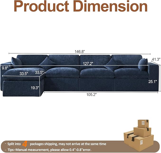155''Cloud Boneless Sectional Couch Modular Sectional Sofa Deep Seat with Ottoman Oversized Upholstered Convertible Comfy 5 Seater Chenille Sofa L Shape Couches for Living Room Navy