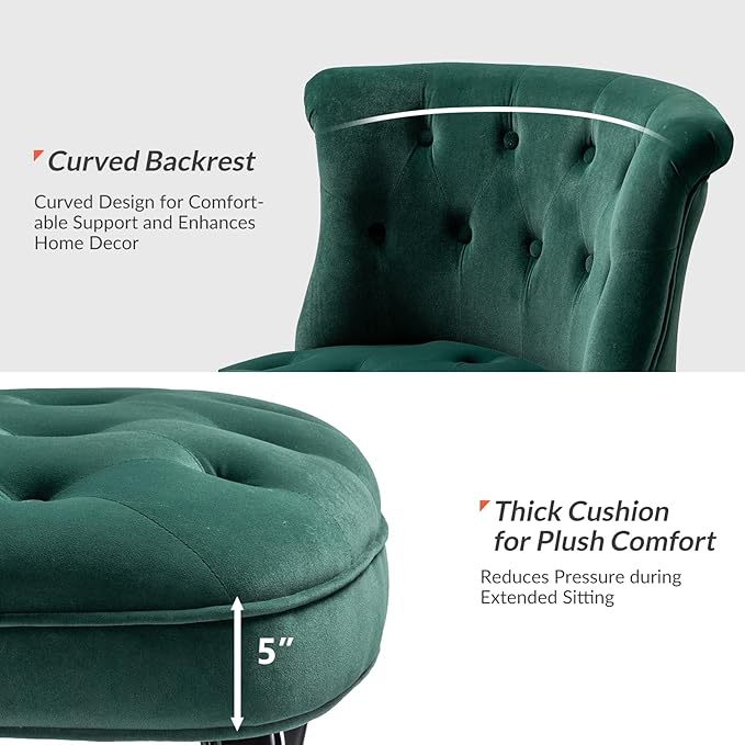 HULALA Home Velvet Accent Chair Modern Upholstered Fabric Armless Wingback Chair with Solid Wood Legs Comfy Tufted Vanity Club Chair for Reading Living Room Bedroom Guest Room Pine Green