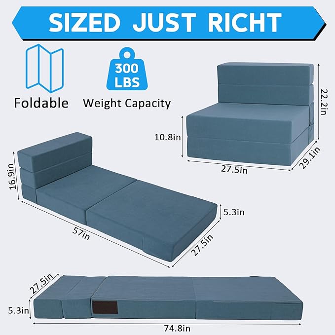 Folding Sofa Bed 4 in 1 Convertible Sleeper Chair with Washable Cover Memory Foam Fold Out Chair Bed Portable Floor Futon Sofa Couch for Living Room Dorm Guest Room Home Office Blue | Folding