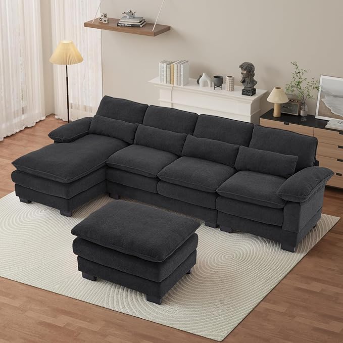 OUYESSIR 114 U Shape Sectional Cloud Couch with OttomanFluffy Sectional Couches for Living Room4 Seater Modular Sectionals SofaComfy Cloud Sofas &amp Couches with 4 PillowsDark Grey