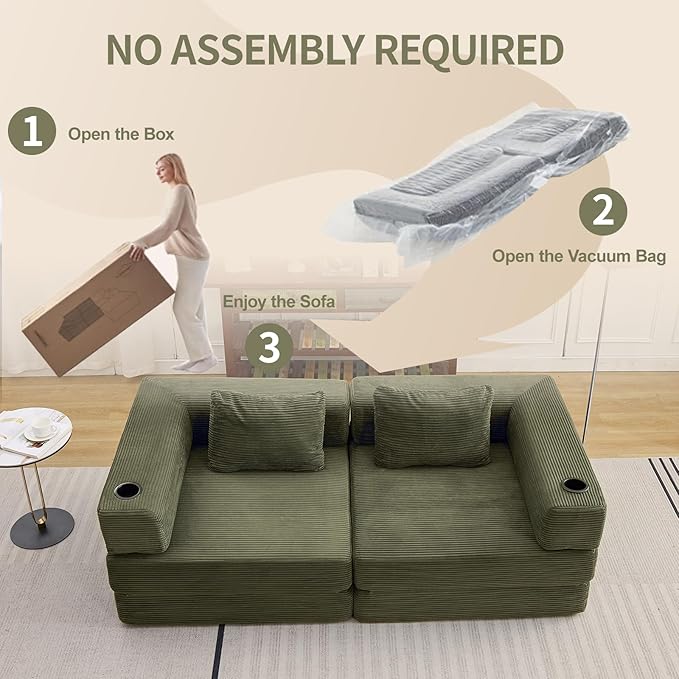 78 Loveseat Sleeper Sofa 4 in 1 Convertible Floor Sofa Bed Boneless Cloud Couch with Cup Holder Fold Out Floor Couch for Living Room Bedroom Lounge Corduroy Olive