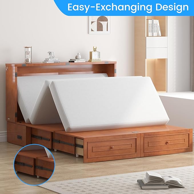PUREMIND Queen Murphy Bed Frame with Headboard Hideaway Chest Bed Frame Storage Drawers USB Charging Ports- Space Saving Cabinet Chest Beds for Guest Room Bedroom