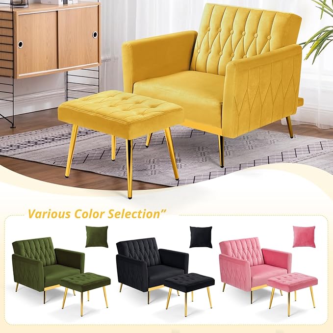 Velvet Accent Chair w/Adjustable Armrests and Backrest Button Tufted Lounge Chair Single Recliner Armchair with Ottoman and Pillow for Living Room BedroomYellow