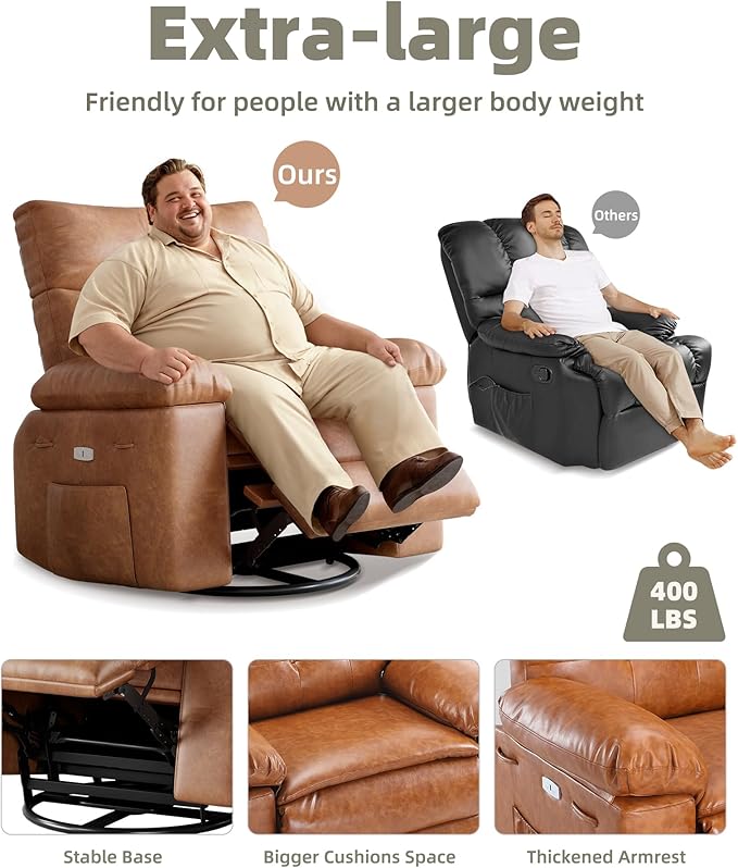 Oversized Recliner Chair PU Leather Manual Recliner with Deep Seat Lazy Single Sofa with Overstuffed Arms and Back Side Storage Pocket Comfy Reclining Chair for Living Room Brown