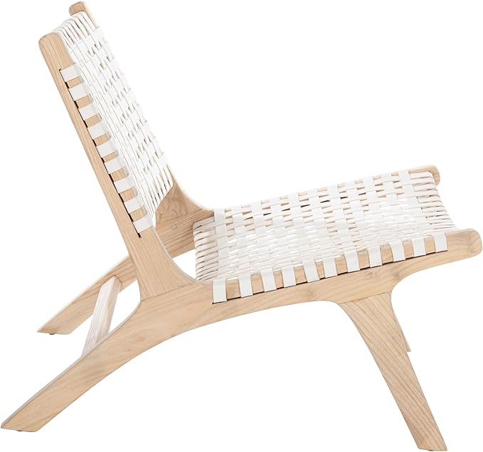 SAFAVIEH Home Collection – Luna Natural Solid Wood &amp White Leather Woven Accent Chair Contemporary Lounge Chair Fully Assembled (ACH1002A)