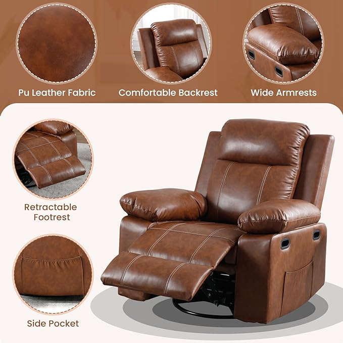 Massage Recliner Chair for Adults 360 Swivel &amp Rocker with Heat &amp Vibration Brown PU Leather Glider Reclining Chair for Home Theater Living Room Lounge Nursery