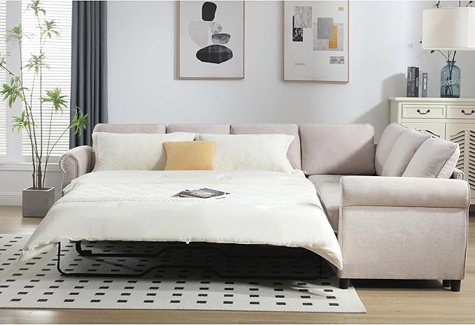 104 2-in-1 Queen Convertible Sleeper Sofa Bed Pull Out Couch Bed6 Seater Sofa Bedwith 3.35 Memory Foam MattressL Shaped Sleeper Sectional Sofa Couch with Rivet HandrailLiving Room