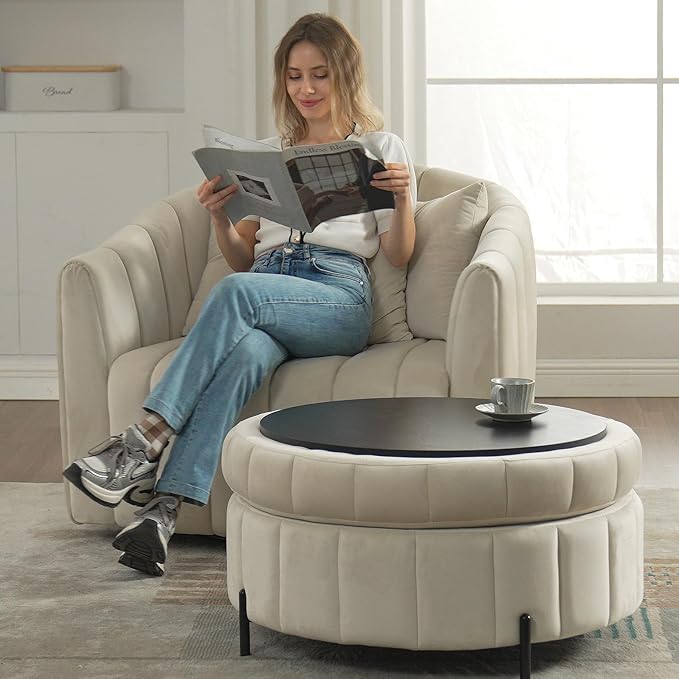 360° Swivel Barrel Chair with Curved Backrest 40 W Velvet Armchair with 3 Soft Pillows Accent Lounge Chair with Channel Tufted Design for Living Room Bedroom Studio Beige