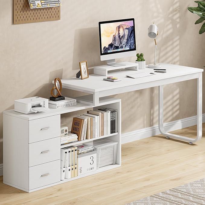 55 Inch White Desk with 3 Drawers L Shaped Desk with Storage Corner Desk with Monitor Stand and Shelves White