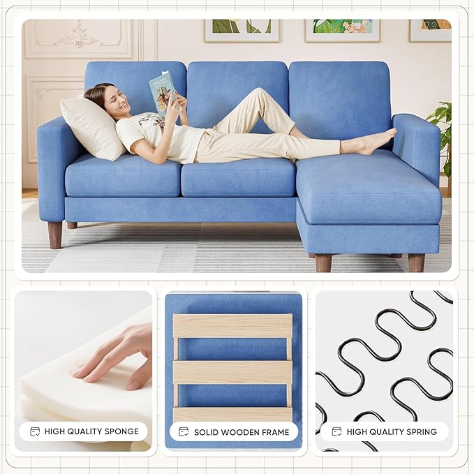 Homall Convertible Sectional Sofa 3 Seat L Shaped Couch with Side Storage Pocket Sofas with Movable Ottoman Small Linen Couches for Living Room &amp Apartment (Linen Fabric Blue)
