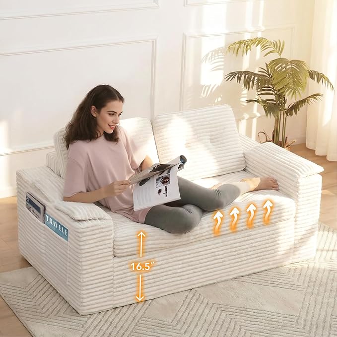 Boneless Loveseat 2 Seater Deep Seat Loveseat Sofa with Wide‑Wale Corduroy for Small Spaces &amp Living Room 60” Width No Assembly Washable Cover Beige